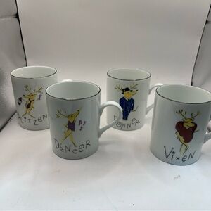 Pottery Barn Reindeer Character White Mug Set Dasher Dancer Donner Vixen
